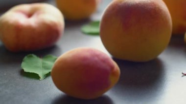 Koyu doku yüzeyinde yeşil ağaç yaprakları ile güzel nefis taze kayısı ve şeftali. Yaz meyveleri. 4k görüntü.