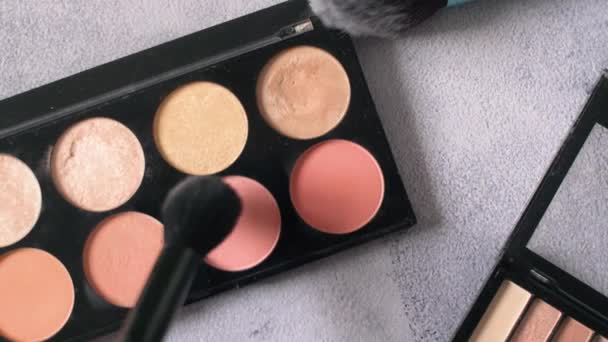 Une Palette Avec Ombres Paupières Pinceau Maquillage Ralenti Gros Plan — Video