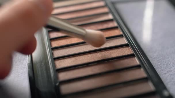 Palette Eye Shadows Makeup Brush Slow Motion Close Woman Make — Stock Video