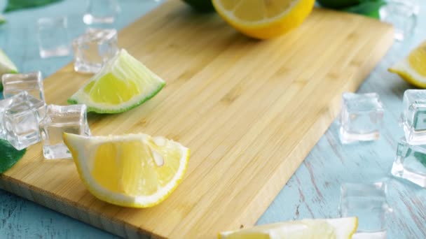 Close Sliced Lime Lemon Wood Kitchen Surface Fresh Citrus Fruits — Stock Video