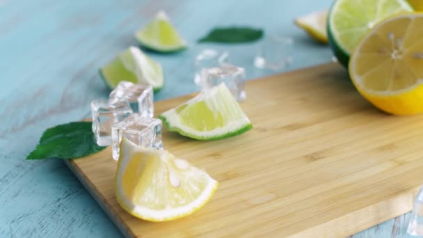 Close Sliced Lime Lemon Wood Kitchen Surface Fresh Citrus Fruits — Stock Video