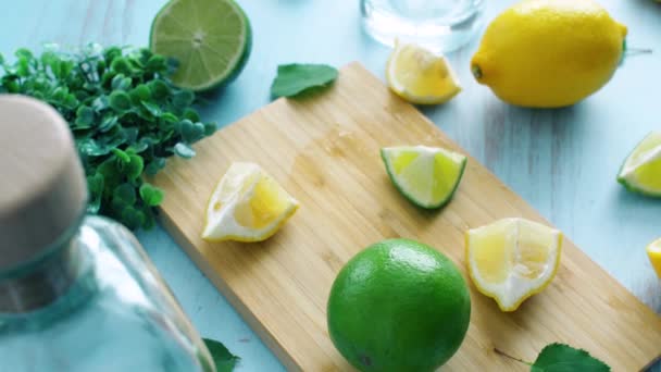 Sliced Lime Lemon Wood Kitchen Surface Glass Close Footage — Stock Video