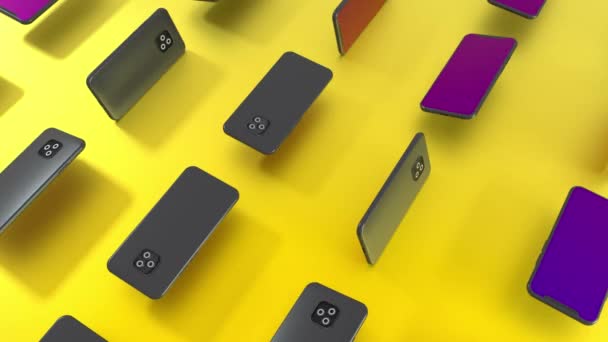 Computer Render Many Smartphones Rotating Yellow Background Surface Animation — Stock Video