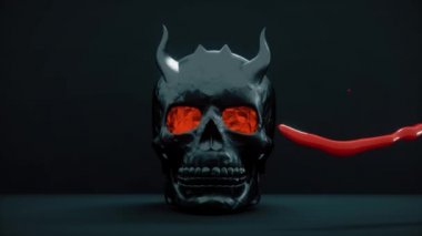 Boynuzlu siyah kafatası ve gözlerinden akan sıvı kan. Korkunç Cadılar Bayramı Sahnesi. 3 boyutlu kan ve kafatası.. 