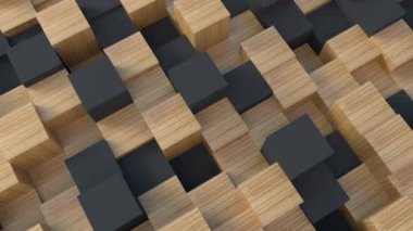 Siyah ve ahşap doku küpleri yukarı aşağı hareket ediyor. Şekillere yakın 3D canlandırma. Doğal ahşap geometrik dokuya sahip soyut bir arka plan. 4k dikişsiz döngü.