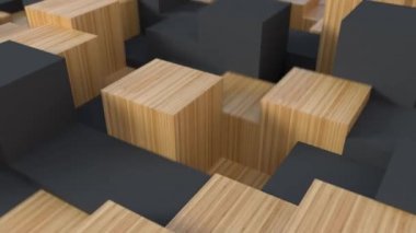 Siyah ve ahşap doku küpleri yukarı aşağı hareket ediyor. Şekillere yakın 3D canlandırma. Doğal ahşap geometrik dokuya sahip soyut bir arka plan. 4k dikişsiz döngü.