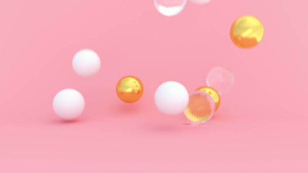 Abstract 3D render animation of gold, white and crystal balls falling on pink pastel background. Close up shapes creative animation. 4k. — Stock Footage Abstract Render Animation Gold White Crystal Balls Falling Pink Pastel Stock Footage