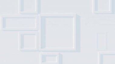 Beyaz duvardaki gölgeli ışık efektli üç boyutlu çerçeve animasyonu. Beyaz dikdörtgenler ve kareler duvardan hareket ediyor ve kayboluyor. Arkaplan iş görüntüleri.