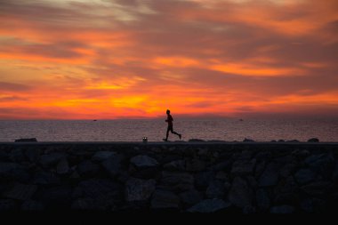 Marbella 'da Puerto Banus tahta yolunda koşan bir amazin gündoğumunda sıradan bir koşucu.