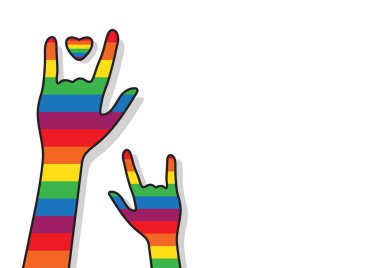 Lgbtq rengi aşk el yazısı çizgi film tasarımı, vektör çizimi. Gay, Lasbian, biseksüel, homoseksüel, transseksüel insan konsepti. Beyaz arka planda gökkuşağı aşk eli ve kalp şekli.