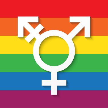Gökkuşağının arka planında LGBT cinsiyet sembolü, vektör illüstrasyonu. LGBTQ + grubunun beyaz renkli simgesi.
