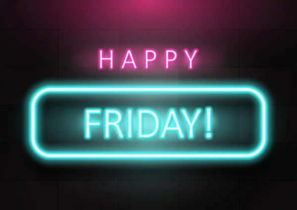 Happy Friday Formulering Neon Kleur Donker Beton Baksteen Muur Ontwerp — Stockvector