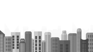 Arka ve Beyaz Şehir Çizgi Filmi Vektör Çizimi. Şehir merkezinde beyaz arka planda gri tonda bina.