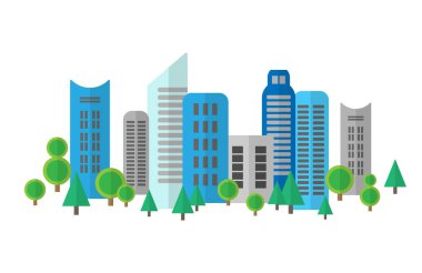 Mavi gri şehir manzara karikatürü vektör çizimi. Beyaz arka planda bina ve yeşil ağaç var..