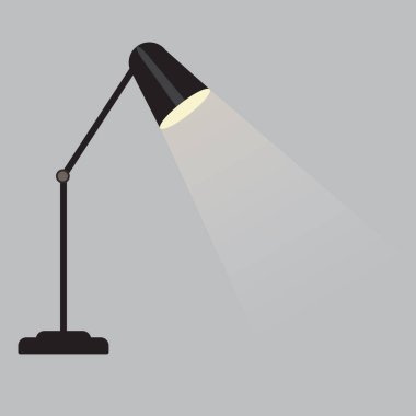 Masa lambası siyah renkli, karikatür vektör çizimi. Gri arkaplanda basit ofis masası lambası.