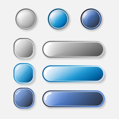 Basit düğmeler tasarımı vektör illüstrasyonunu ayarlar. Parlak gradyan mavi yuvarlak simge. Web sitesi, etiket için metalik doku balonu grubu.