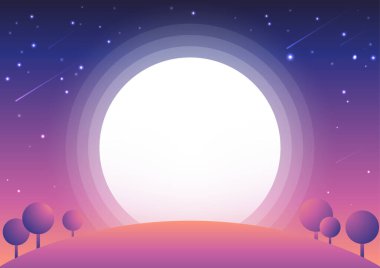 Dolunay karikatür çizimi arka plan. Alacakaranlık gökyüzü, dağ, ağaç ve kayan yıldızlar tasarımı. Mor pembe mavi gece arkaplanı..