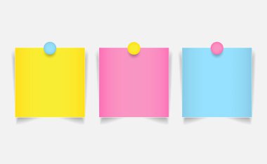Renkli kağıt ve iğne vektör illüstrasyon tasarımını yükle. Ofisteki hatırlatıcı işçi için gemiye sarı, pembe, mavi not defteri iğnesi. Önemli duyuru için boşluk..