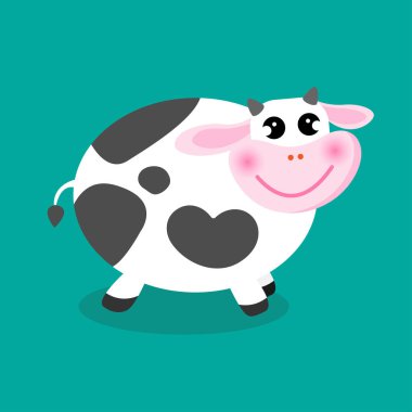 Şirin süt ineği çizgi film vektör çizimi konsepti. Yeşil arka planda şişman mutlu inek. Çocuk ürünü tasarımı.