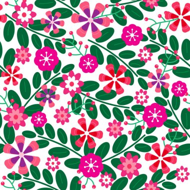 Çiçeksiz renksiz arka plan çizgi film vektör çizimi. Tatlı pembe çiçek ve beyaz arka planda yeşil yaprak..