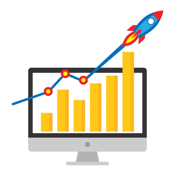 增长图和上升的火箭卡通设计矢量图 增加白色背景上计算机监控的销售预测数据图 启动市场利润持平的概念设计 — 图库矢量图片