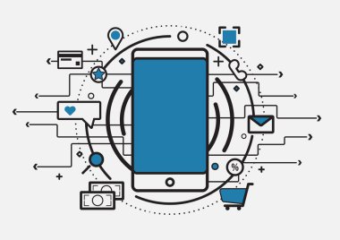 E-ticaret işi için akıllı telefon ve sosyal medya kavramı. Cep telefonu, para, kredi kartı, posta, çağrı, QR kodu açık gri arka plan, vektör illüstrasyonu.