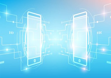 Akıllı telefon teknolojisi ve internet bağlantısı tasarım konsepti, vektör illüstrasyonu. Soyut yenilik trend parlak mavi renk şablonu. 