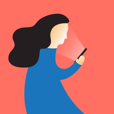 Akıllı telefon karikatürü düz tasarım, vektör illüstrasyon. Kadın ve sosyal medya kavramı.