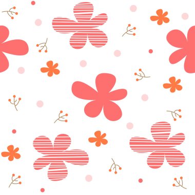 Turuncu ve pembe çiçekler pürüzsüz desenli arka plan, vektör çizimi. Bahar çiçekli karikatür dekoratif arka planı.