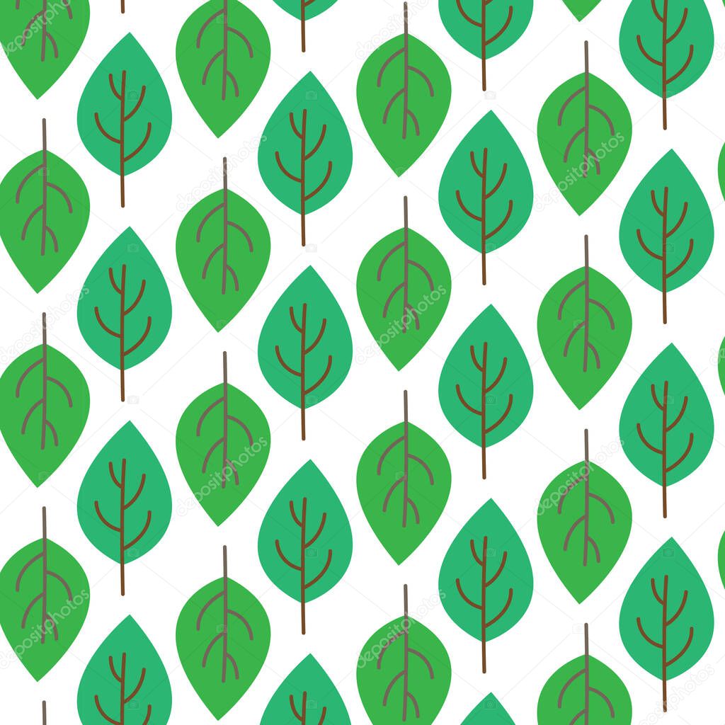 Cute graphic seamless pattern green leaves on white background