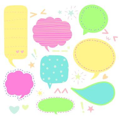 Şirin düz baloncuk metni, konuşma, metin kutusu, sohbet diyalogu şekli çizgi film tasarımı, vektör illüstrasyonu.