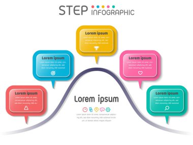 Grafik için baloncuk metin biçimi ögeleri, basamaklı diyagram, seçenekler, süreçler veya çalışma akışı. İş verisi görselleştirmesi. Sunum için yaratıcı bilgi şablonu, vektör ilülasyonu.