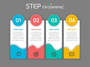 Adımları, seçenekleri, süreçleri veya iş akışı olan geometrik şekilli elementler. İş veri görselleştirmesi. Sunum için yaratıcı adım bilgi şablonu, vektör illüstrasyonu.