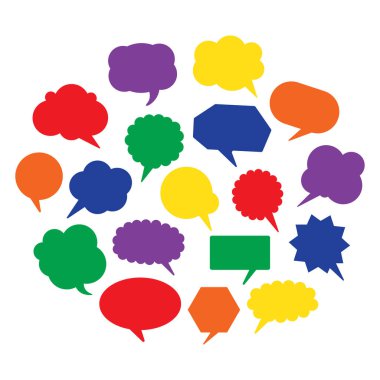 Renkli beyaz renkli konuşma balonu etiketleri, metin kutuları çizgi film tasarımı, vektör illüstrasyonları. Promosyon veya satış etiketi için rozet chat çerçeve düz biçimi.