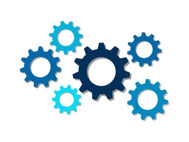 Beyaz arkaplan üzerinde strateji, ağ, hizmet, dijital, hizmet, haberleşme işi için mavi renkli dişli seti. Dönüşümlü çark sihirli sistem konsepti düz tasarım, vektör bilgi gösterimi.