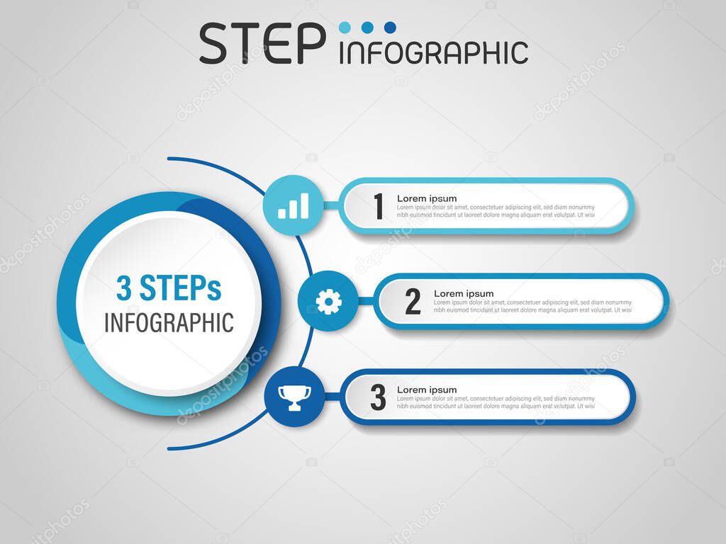 Circular shape elements with steps,options,milestone,processes or workflow.Business data visualization.Creative 3 steps infographic template for presentation,vector illustration.