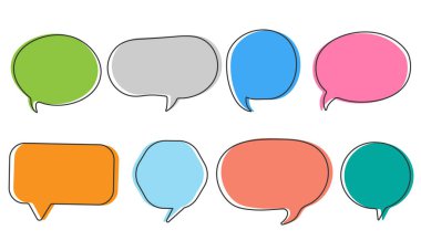 Konuşma metni, sohbet kutusu, mesaj kutusu çizgi film çizimi tasarımı. Düşünce simgesinin balon rengi karalama biçimi.