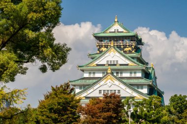 Renkli sonbahar ağaçları arasında yeşil çatılı Majestic Osaka Kalesi manzaralı, Japonya