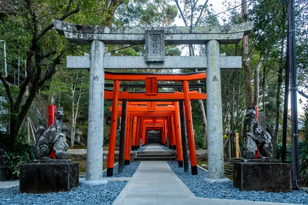 Row Red Torii Gates Two Stone Statues Guardian Foxes Sides — Stock Photo, Image