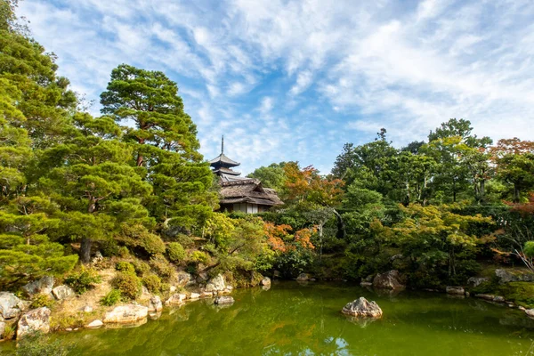 位于日本京城金卡寺公园五彩缤纷的秋树间的沃登佛寺 园内有绿色的池塘 — 图库照片