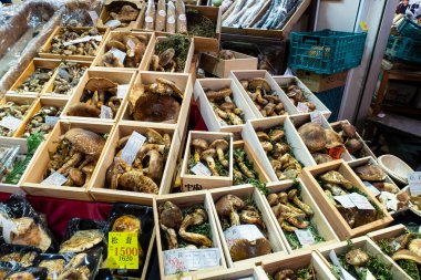 KANAZAWA, Japonya. Kanazawa 'daki geleneksel Omicho Balık Pazarı' nda ahşap kutularda mantar çeşitleri olan market tezgahı.. 