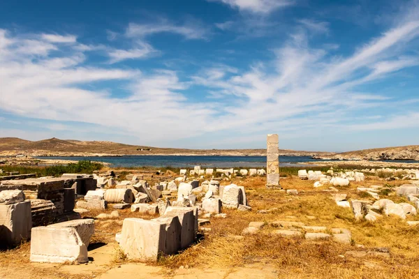 Ruiner Antik Stad Med Stenar Kolumner Och Tempel Delos Island — Stockfoto