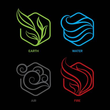 Doğa 4 elementleri, soyut simge işareti. Toprak, Su, Hava, Ateş, koyu arkaplanda.