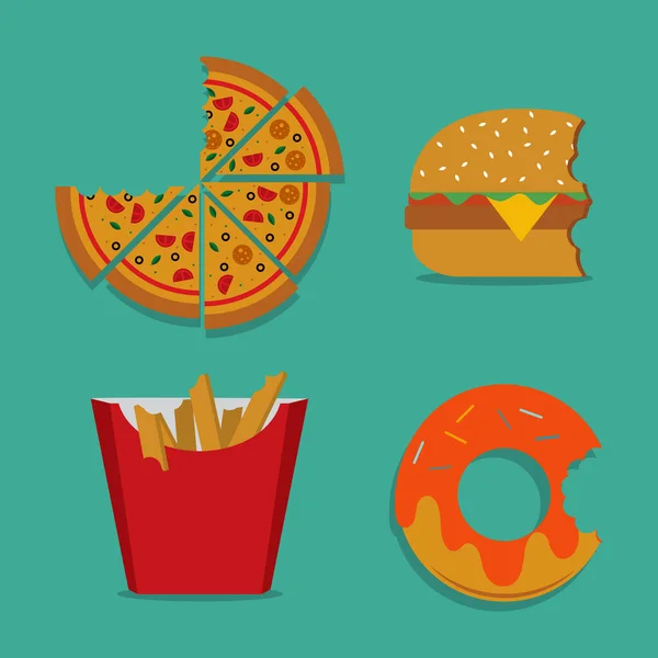 Biten Snabbmat Vektor Illustration Pizza Burgare Pommes Frites Och Munk — Stock vektor