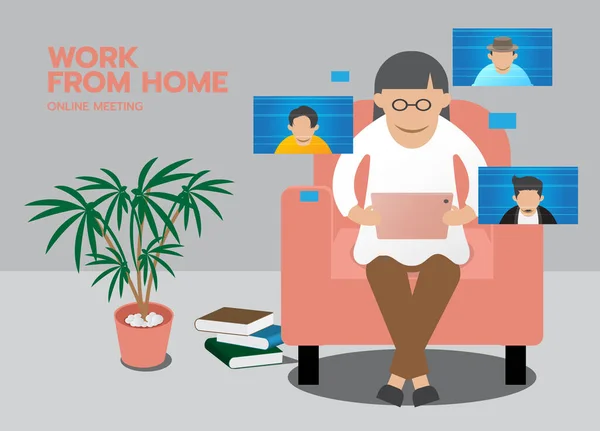 远程会议 在家工作 在线会议 在家里用平板电脑与同事举行视频会议 — 图库矢量图片