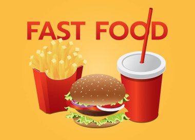 Sarı arka planda fast food seti vektörü. Peynirli burger, patates kızartması ve meşrubat bardağı. gerçekçi biçim vektör illüstrasyonu