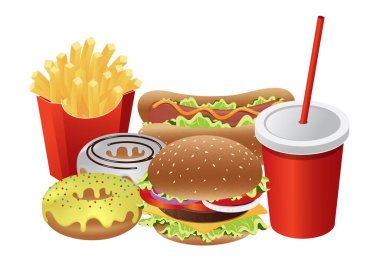 Fast food vektörü beyaz arka planda izole edildi. Peynirli burger, sosisli sandviç, çörek, patates kızartması ve meşrubat bardağı. gerçekçi biçim vektör illüstrasyonu
