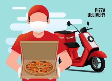 Pizza dağıtım servisinin vektör illüstrasyonu. Ulaşım emri verin. Teslimatçı kutucuğu veriyor.