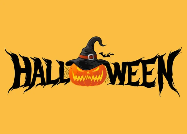 Texto Halloween Con Calabaza Tallada Naranja Con Sombrero Negro Bruja — Vector de stock