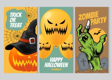 Portakal kabaklı, hayalet balonlu ve şeytani elli mutlu cadılar bayramı. Şeker mi şaka mı? 31 Ekim, zombi partisi. Mezardaki haçlar. Silüet yarasa. vektör illüstrasyonu